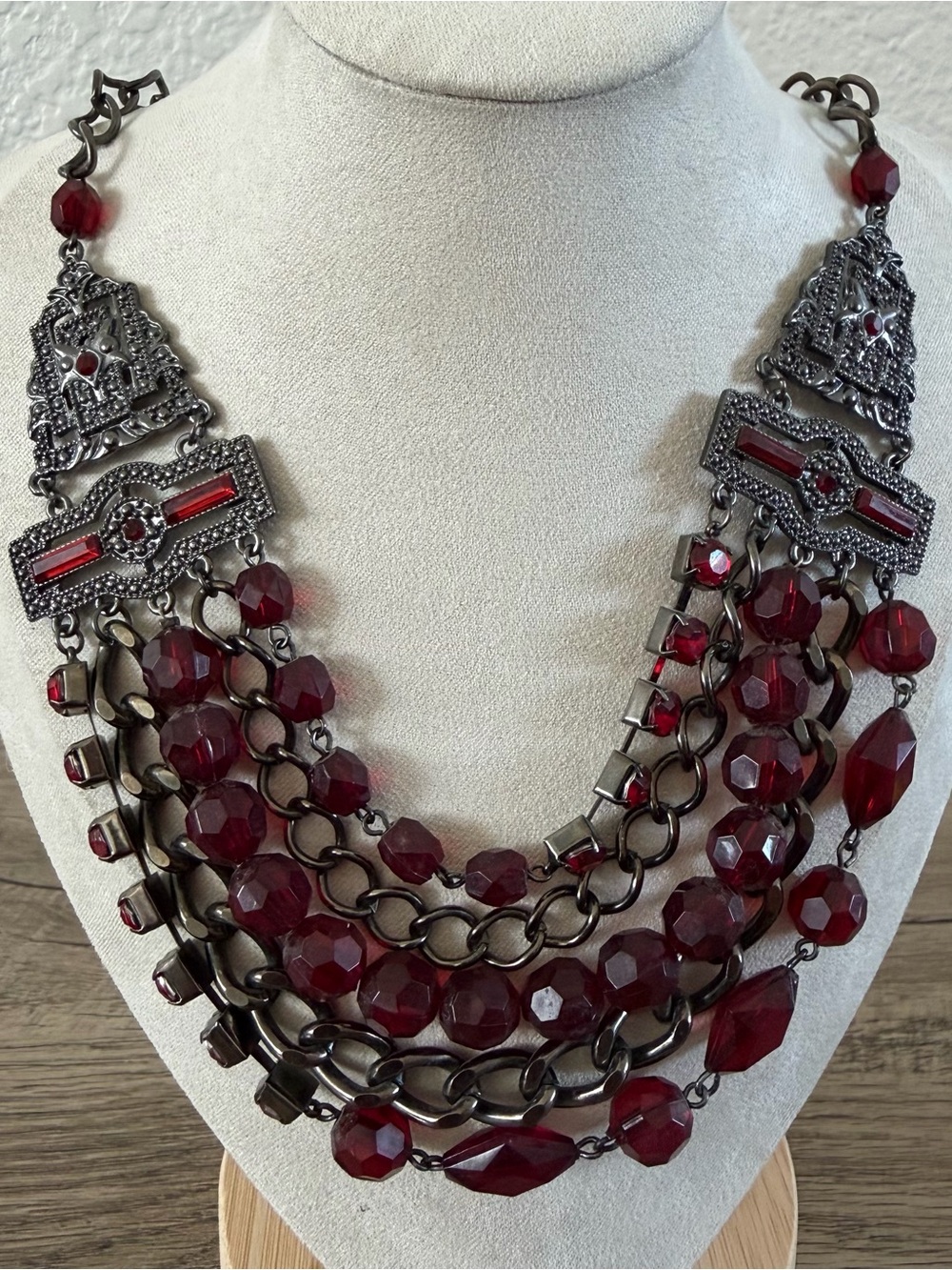Robert Rose Necklace Ruby Black Rhinestones Deco Style Gunmetal Layered Chocker